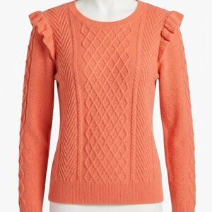 Talbots Coral Pink Ruffle Shoulder Cable Knit Sweater Diamond Textured Crewneck
